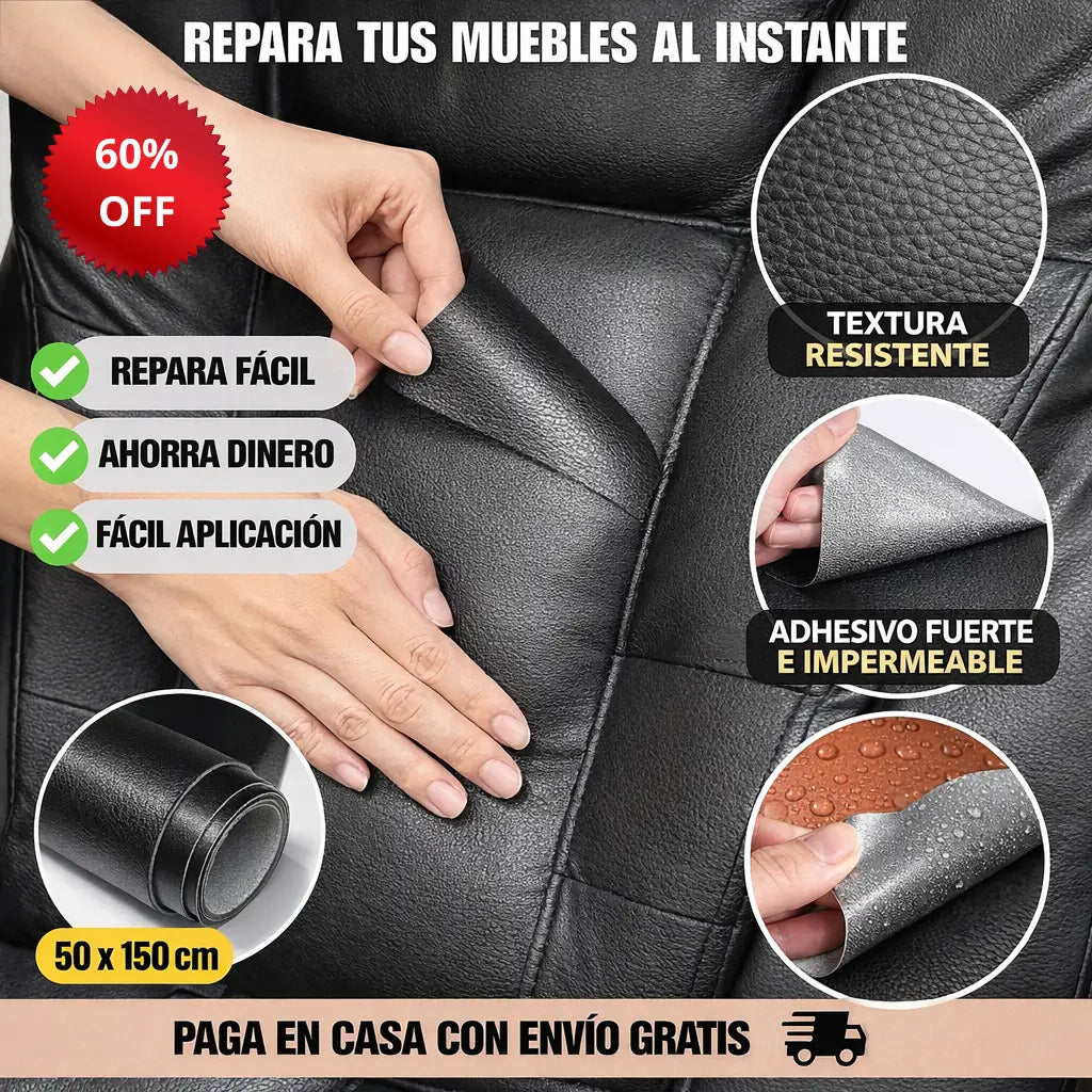 Rollo de Cuero Sintético Adhesivo Premium - Reparación Inmediata - Recupera el aspecto de tus muebles dañados al instante