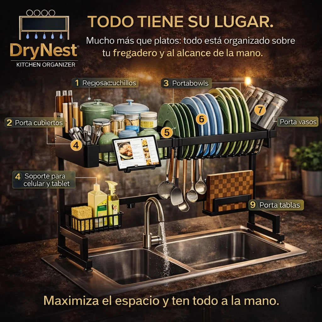 Escurridor para Platos 🍽️ Organiza toda tu cocina sobre el fregadero 💦 Encimera siempre libre, sin hacer un solo agujero
