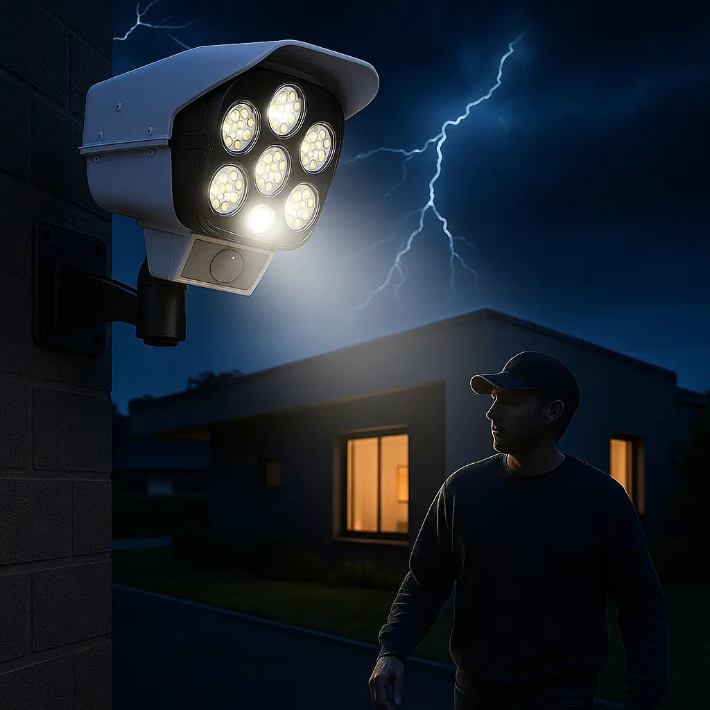 🔆 Foco LED Solar Tipo Cámara – 🏠 Ilumina tu hogar y ahuyenta intrusos – 🌙 Seguridad 24 h sin gastar luz 💡