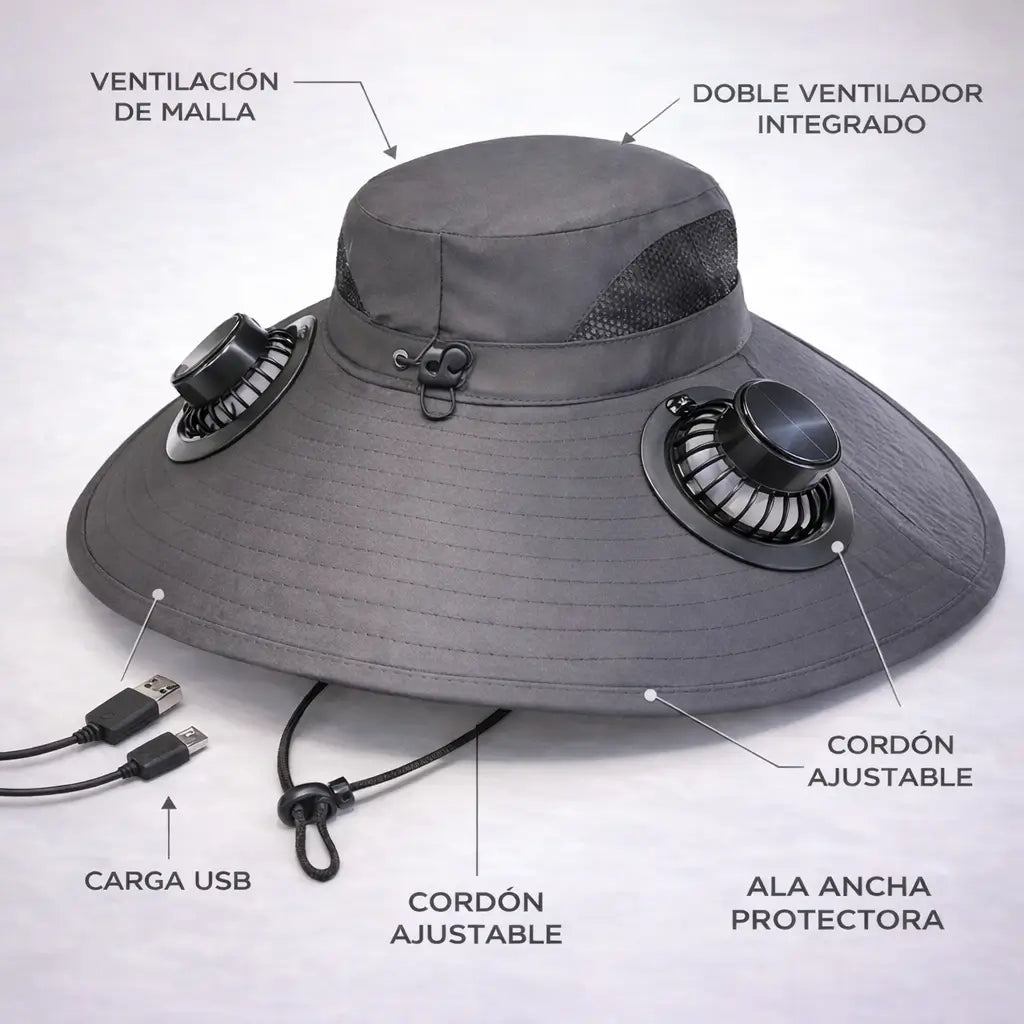🧢 Sombrero con Doble Ventilador (Colores al Azar) 🌀 – Ventilación Activa ⚡ – Mantente Fresco Desde el Primer uso Bajo Sol Intenso ❄️